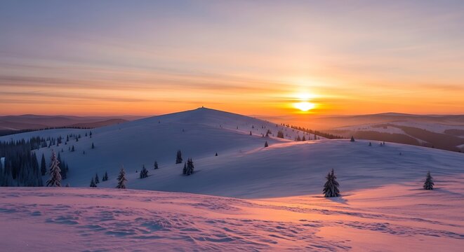Winter Sunset Over Snowy Mountains: Witness the breathtaking beauty of a winter sunset painting the snow-capped mountains with hues of orange and gold. - Powered by Adobe