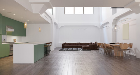 3D render of a modern open plan apartment interior with kitchen and living room