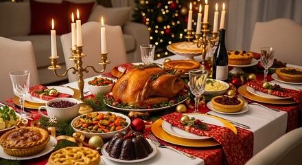 Festive Feast: A beautifully adorned dining table presents a delectable array of culinary delights, including a golden-brown roasted turkey, inviting guests to savor the spirit of the season.