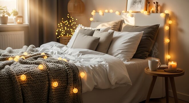 Cozy Bedroom Sanctuary: A serene bedroom setting bathed in soft, inviting light, featuring a bed adorned with plush pillows and a warm, textured blanket.