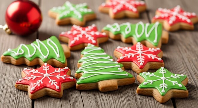 Festive Delights: An array of artfully decorated holiday cookies adorn a rustic wooden surface, alongside a festive ornament.