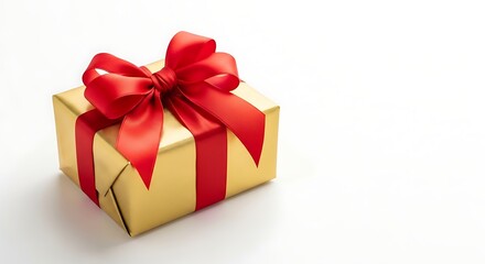 Obraz premium Golden Gift with Red Ribbon: A beautifully wrapped gift, encased in elegant gold paper and adorned with a vibrant red ribbon, signifies joy and celebration