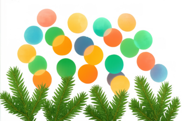 Christmas fir branches with colorful bokeh lights creating a festive holiday sparkle on transparent background