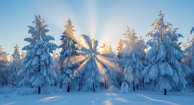 Winter's Embrace: Witness the serene beauty of a snow-dusted forest bathed in the radiant embrace of the sun's rays. Capturing the season's tranquility.