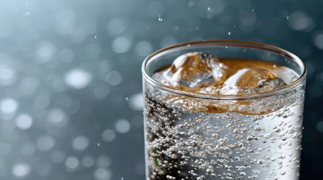 Elegant beverage glass with ice and sparkling soda featuring bubbles and clear liquid perfect for refreshment and commercial beverage displays