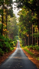Obraz premium A narrow asphalt road winding between tall, sun-dappled trees