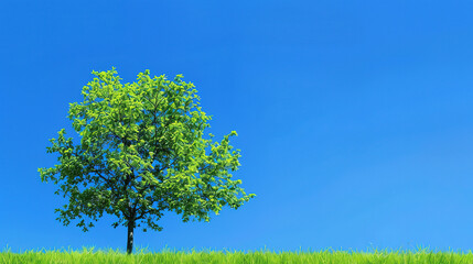 Beautiful landscape wallpaper of a green tree on the grass with a solid blue background
