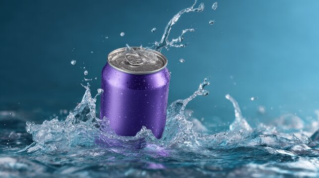 Vibrant aluminum beverage can with splash of cold sparkling soda colorful drink container refreshing liquid and smooth metallic finish in summer scene - Powered by Adobe