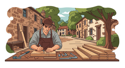 Artisan Craftsman Woodworking in Scenic Village Constructing Bespoke Carpentry