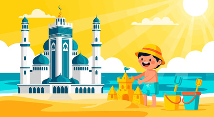 Naklejka premium A delightful seaside scene: Boy building sandcastles by a grand coastal mosque