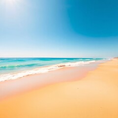 Fototapeta premium Coastal Serenity: An endless panorama of golden sand stretches along the azure shoreline, caressed by the gentle waves under a boundless blue sky, capturing the essence of a perfect summer day.