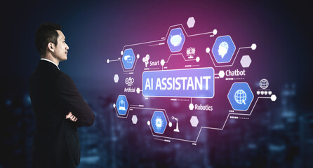 A businessman stands thoughtfully, viewing an AI assistant interface with various icons in a modern urban environment. The image captures the essence of technology and innovation. Tessel