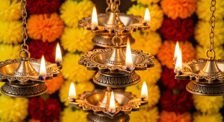 Hanging oil lamps with marigold flowers on vibrant backdrop  