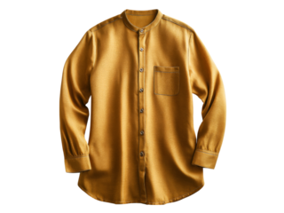 Mustard yellow mandarin collar long sleeve shirt menswear fashion apparel, Isolated On White Background, Png Transparent