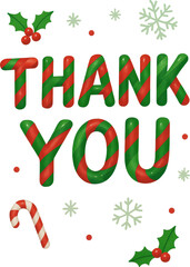 Candy cane style thank you text with Christmas decorations isolated on transparent background
