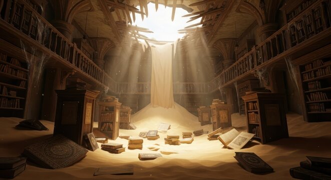 Submerged sanctuary antiquated library consumed by the sands of time evoking mystery and history
