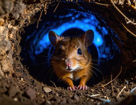 Close-up of a small rodent peeking from a dark burrow - Powered by Adobe