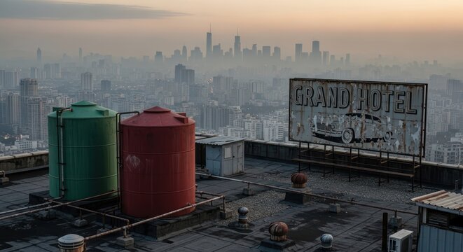 Urban rooftop vista showcasing vintage advertising amidst a hazy cityscape scenery