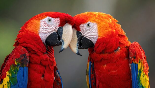 Close-up of two vibrant parrots with beaks touching each other