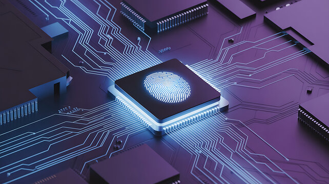 Biometric fingerprint chip on futuristic circuit board, High-tech glowing microchip with fingerprint icon integrated into a sleek motherboard, symbolizing digital identity, security, and biometric.