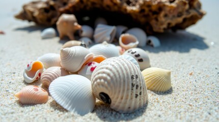 Seashells on Sandy Shores: a captivating scene, showcasing the delicate beauty of assorted seashells, nestled upon a soft bed of sun-kissed sand.