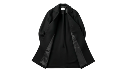 Upscale men's outer garment displaying its interior lining against a deep black background