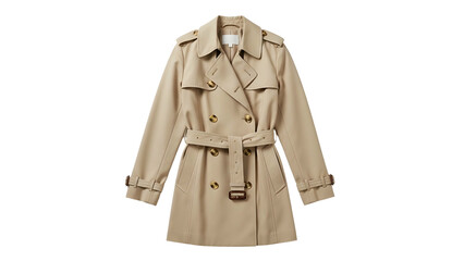 Double breasted beige classic outerwear garment hangs isolated on black background