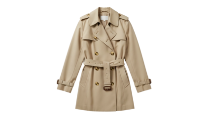 Double breasted beige classic outerwear garment hangs isolated on black background