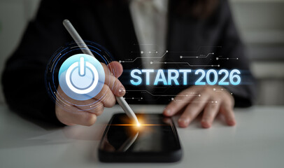 Start 2025 concept with futuristic power button symbolizing fresh beginnings, innovation, and digital transformation. Start 2025, new goals, and start 2025 initiative. Spline