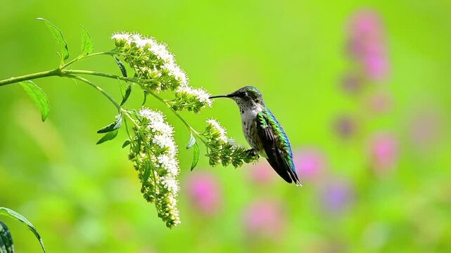 A close-up shot of a hummingbird perched on a flowering plant, with a blurred green background.