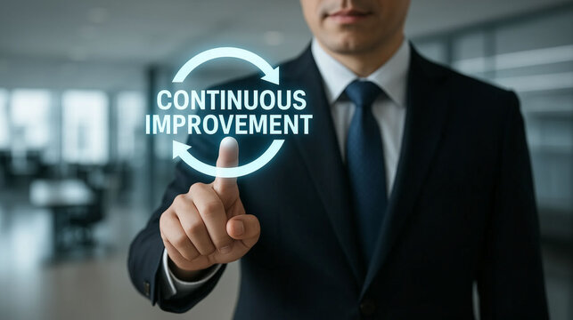 Continuous improvement concept with businessman touching digital interface representing quality management process development efficiency performance growth and organizational excellence