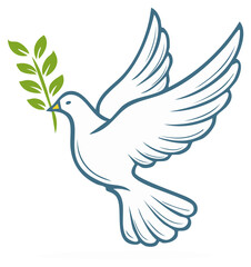 Obraz premium Elegant white dove in flight holding a fresh green olive branch, representing peace and hope.