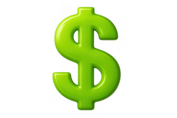 Green glossy dollar sign symbol representing currency, wealth, finance, and investment on transparent background