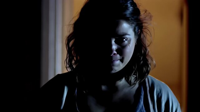 Woman stepping outside with tears in dark interior doorway  