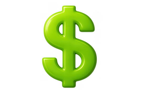 Green glossy dollar sign symbol representing currency, wealth, finance, and investment on transparent background