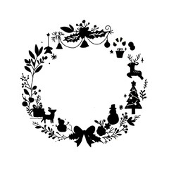 Christmas Wreath with Reindeer and Tree Decorations｜トナカイとツリーが飾られた華やかなクリスマスリースイラスト