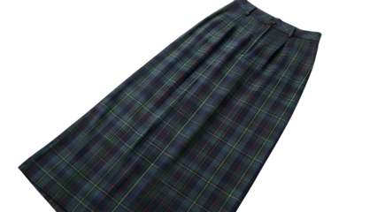 Pleated full length garment displays traditional dark tartan pattern against a black background