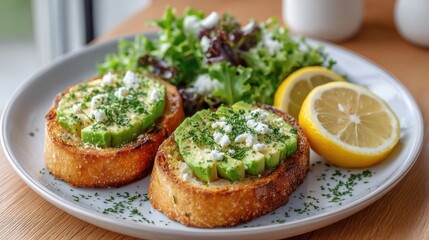 Close Up Of Two Avocado Toast Slices Garnished With Feta Cheese And Parsley Served With Salad And Lemon Slices On A White Plate With A Soft Background