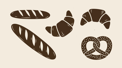 Hand-Drawn Bakery Pastries: Croissant, Pretzel, and Baguette Vector Illustration