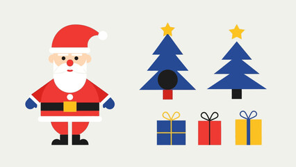 Festive Christmas Scene with Santa, Trees, and Gifts in Simple Vector Style