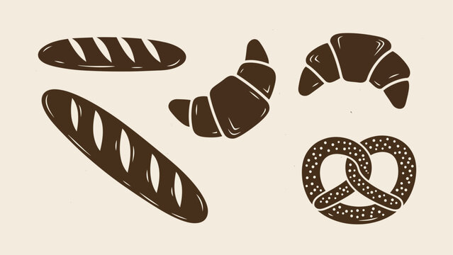 Hand-Drawn Bakery Pastries: Croissant, Pretzel, and Baguette Vector Illustration