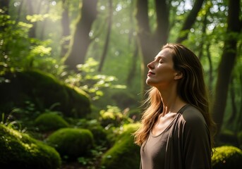Serene woman breathing fresh air in a lush, sunlit forest © akkml