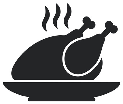 Cooked whole roasted chicken or turkey with steam on a platter, a simple black silhouette icon for holiday dinner