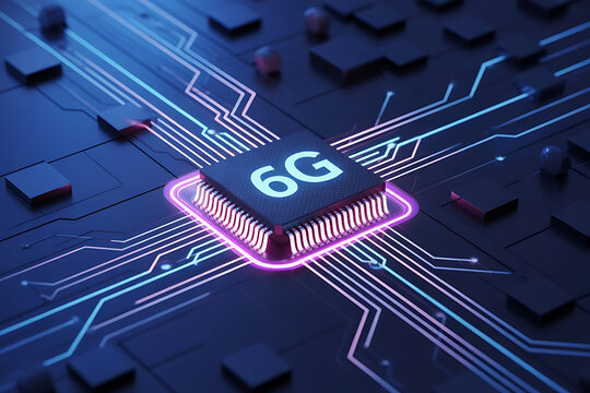 Futuristic 6G microchip on digital circuit board,Close-up of an advanced 6G processor chip glowing on a high-tech motherboard, symbolizing next-generation wireless communication and connectivity.

