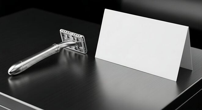 Grooming Essentials: A sleek, metallic safety razor rests alongside a clean, crisp card, epitomizing the elegance of personal care and presentation.