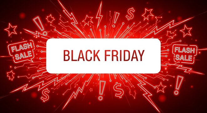 Black Friday Flash Sale: The iconic phrase Black Friday takes center stage, bursting forth in a vibrant display, announcing special deals