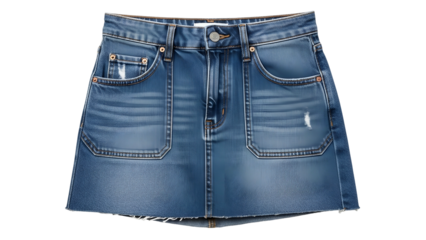 Blue denim mini skirt showcases faded wash and functional patch pockets