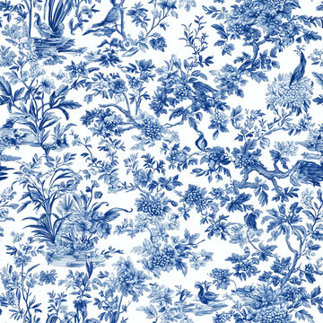 A classic toile de Jouy pattern in shades of blue and white, depicting pastoral scenes and intricate floral borders
