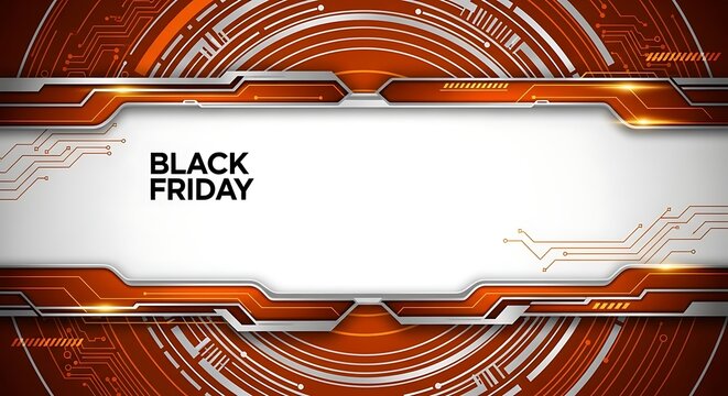 Black Friday Digital Deal: A sleek digital composition features an Black Friday text banner against a futuristic orange circuit board.