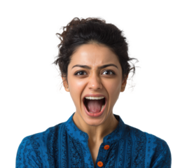 Screaming woman expressing anger portrait isolated on transparent background